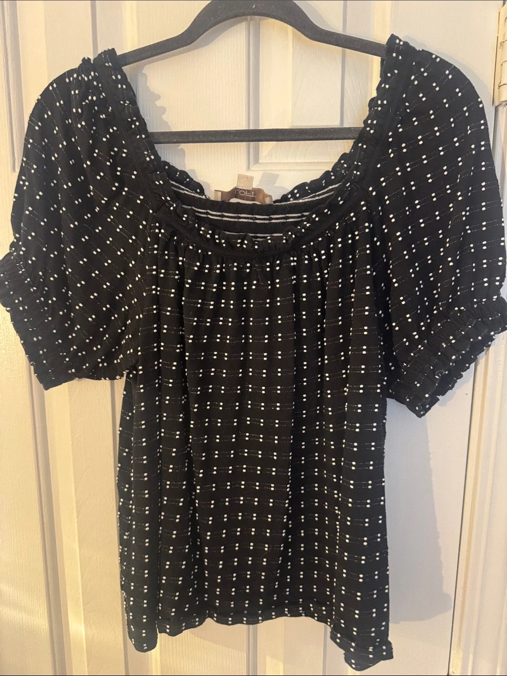 LOFT Black Off-Shoulder Blouse with White Dot Grid